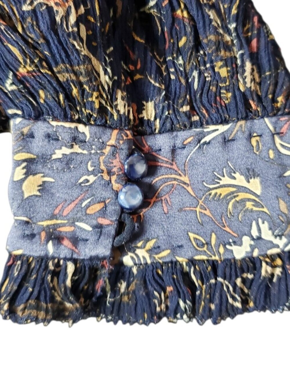 Elie Tahari Floral Sheer Silk Blouse With Ruffle Collar & Cuff Navy/Orange XSmal - Picture 2 of 16